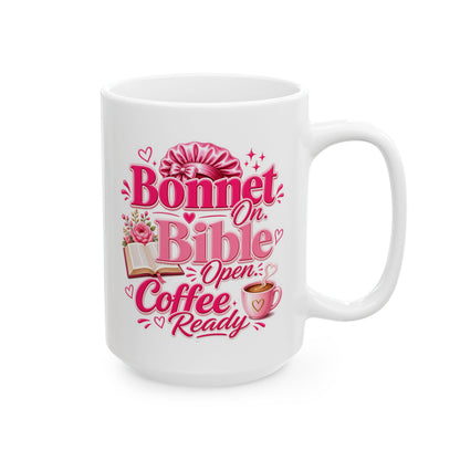 Bonnet on, Bible open, coffee ready Mug