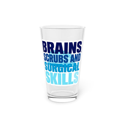 Brains, scrubs and surgical skills blue Beer Glass